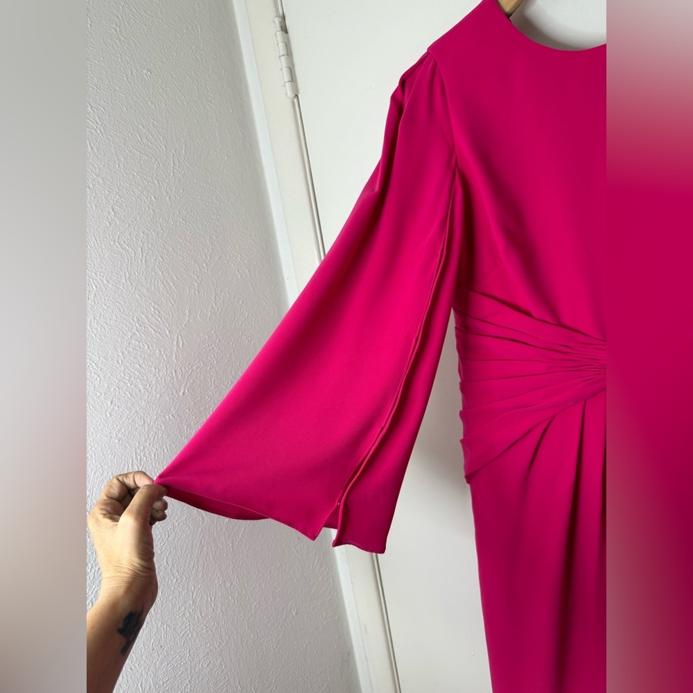 Theia twist knot front, hot pink, cape sleeve maxi gown, 10 - Picture 5 of 13